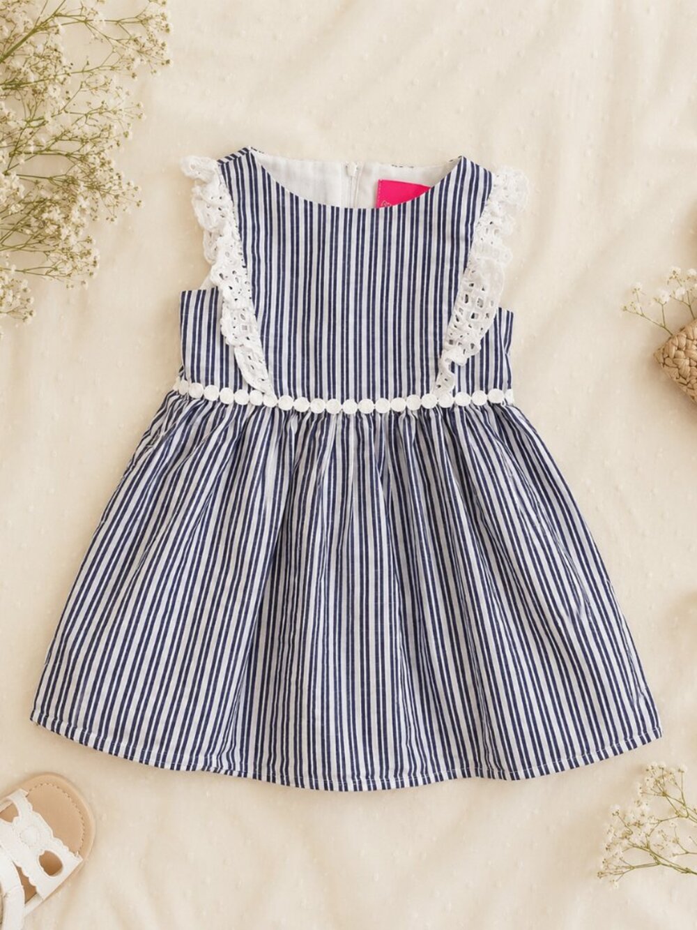 Lilly Pulitzer Madeline  Navy and White Striped Crochet Trim Dress